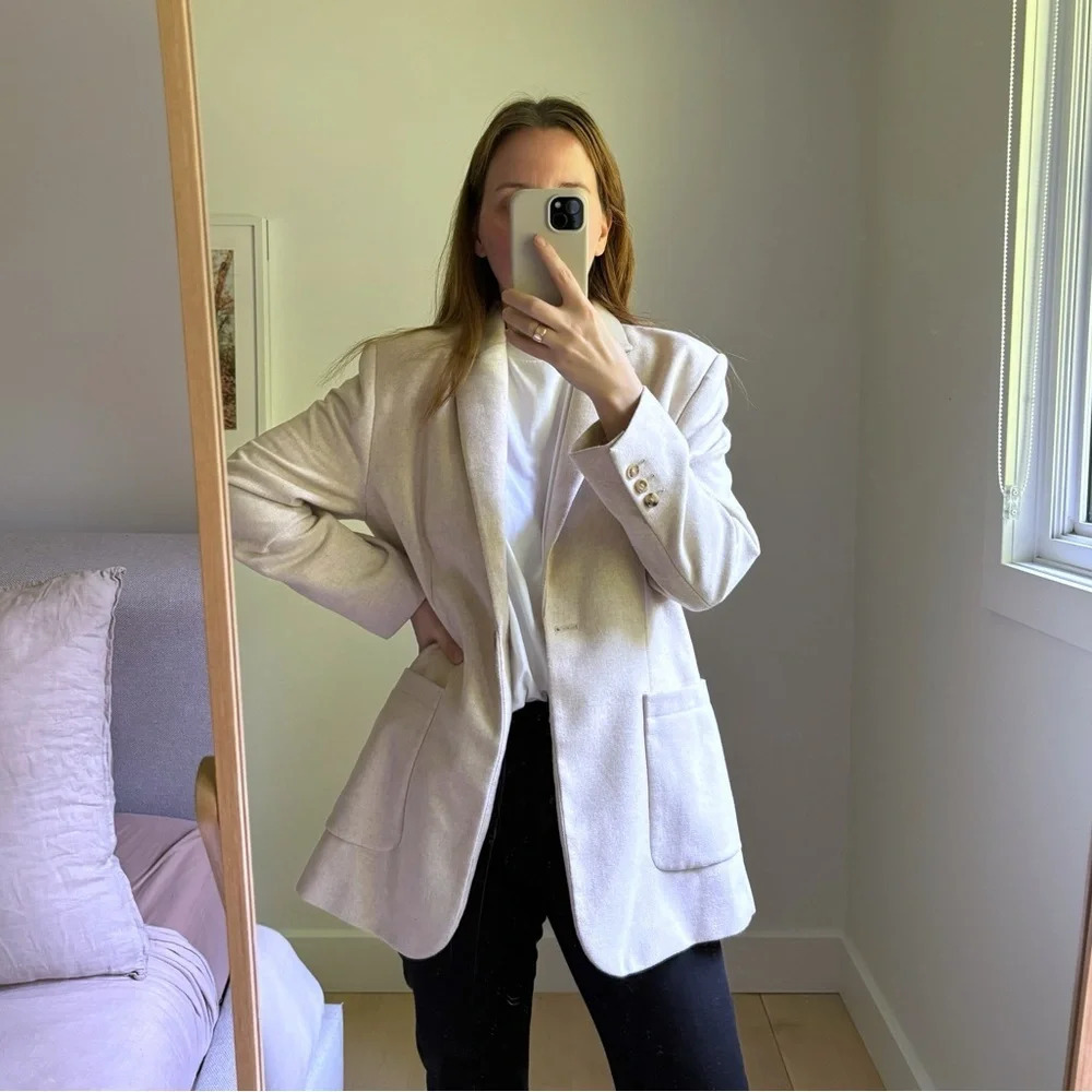 Mango Wool Blend Long Oversized Blazer Light Beige Oatmeal Size M Shoulder Pads